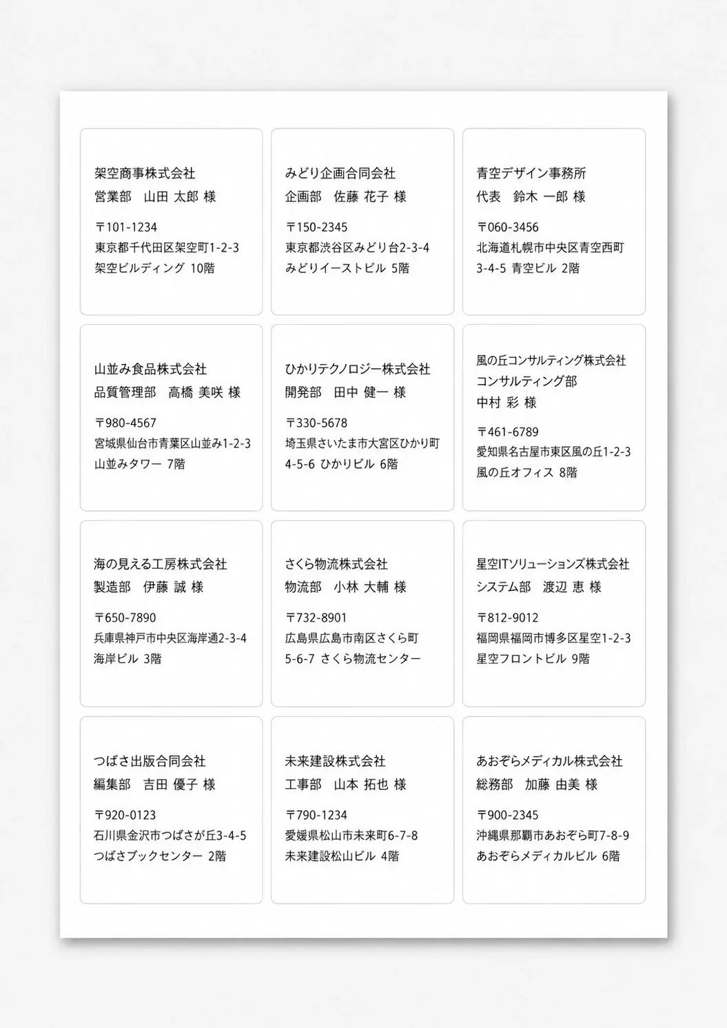CSVから作成したA4・12面の宛名ラベル（宛名と住所はダミーデータ）